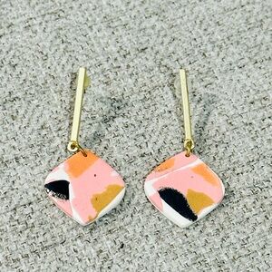 Abstract Pink and Gold Dangle Clay Earrings